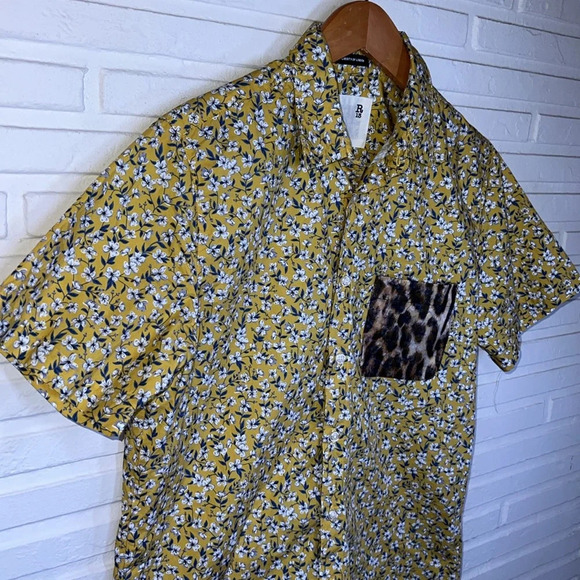R13 Yellow Floral and Leopard Cotton Tony Button Down Shirt, Unisex Size Small - Picture 6 of 12